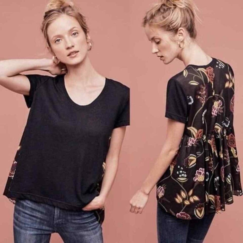 Deletta Anthropologie Womens Blouse Tee Top S High Low Black Floral Pleated Back